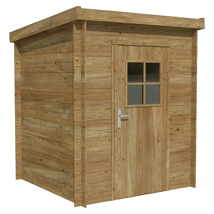 Palmako Gerätehaus Zoe - Außenmaß inkl. Dachüberstand (B x T): 180 x 181 cm, Holz, Braun - Ein Holzschuppen mit einer Tür und einem kleinen Fenster, ideal für die Gartenaufbewahrung und den Werkzeugschutz vor Witterungseinflüssen.