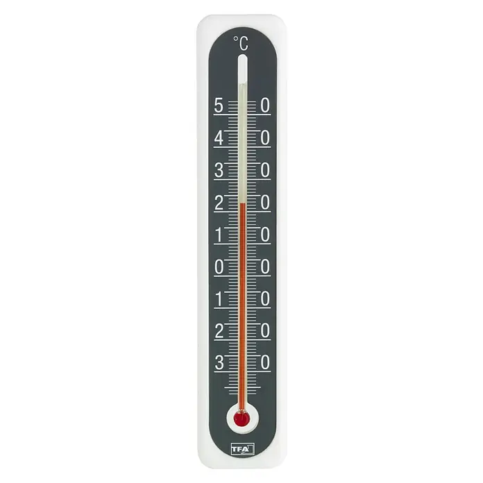 TFA Dostmann Thermometer - Analog, L x B x H: 40 x 7 x 200 mm, Weiß/Dunkelgrau - Das Bild zeigt ein TFA-Thermometer, das eine Temperatur von etwa 22 Grad Celsius anzeigt. Das Thermometer ist grau mit weißen Markierungen.