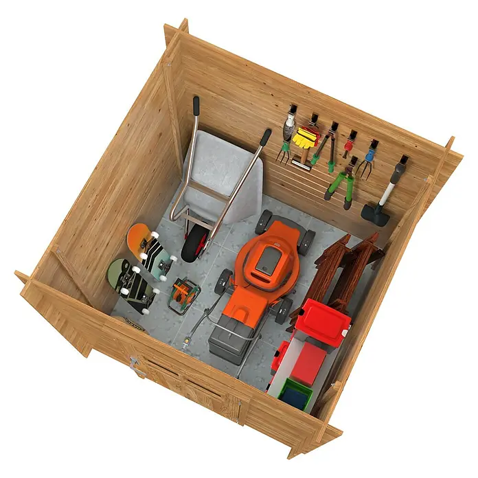 Palmako Gerätehaus Zoe - Außenmaß inkl. Dachüberstand (B x T): 180 x 181 cm, Holz, Braun - Gartenhaus mit Rasenmäher, Schubkarre, Skateboards und Gartengeräten. Alles ordentlich verstaut und griffbereit.