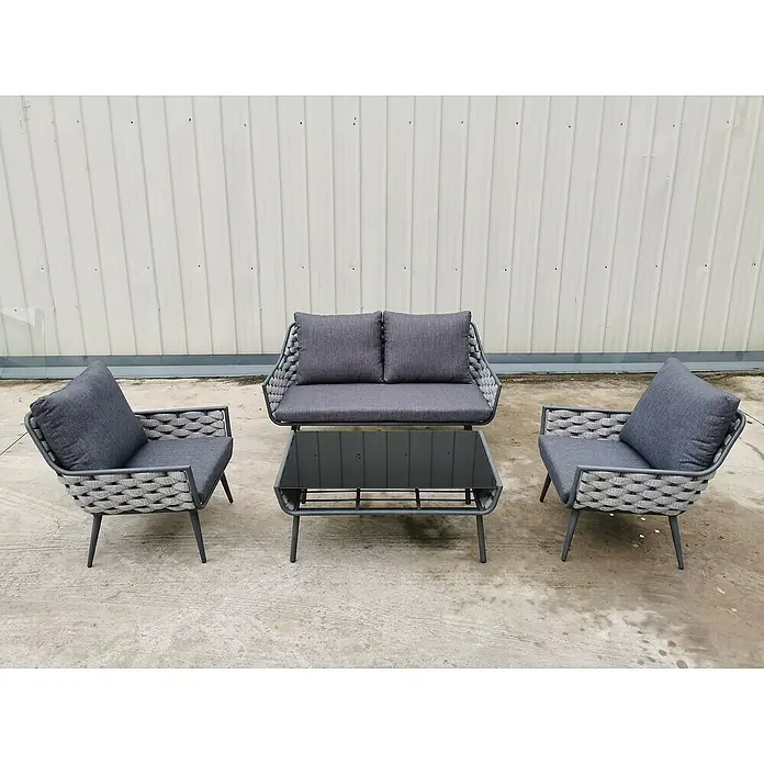 Gartenmöbel-Set Sunfun Weave - 4 -tlg., Grau/Anthrazit, Aluminium - Elegantes graues Terrassenmöbel-Set mit Sofa, Sesseln und Tisch. Perfekt für stilvolle Entspannung im Freien.