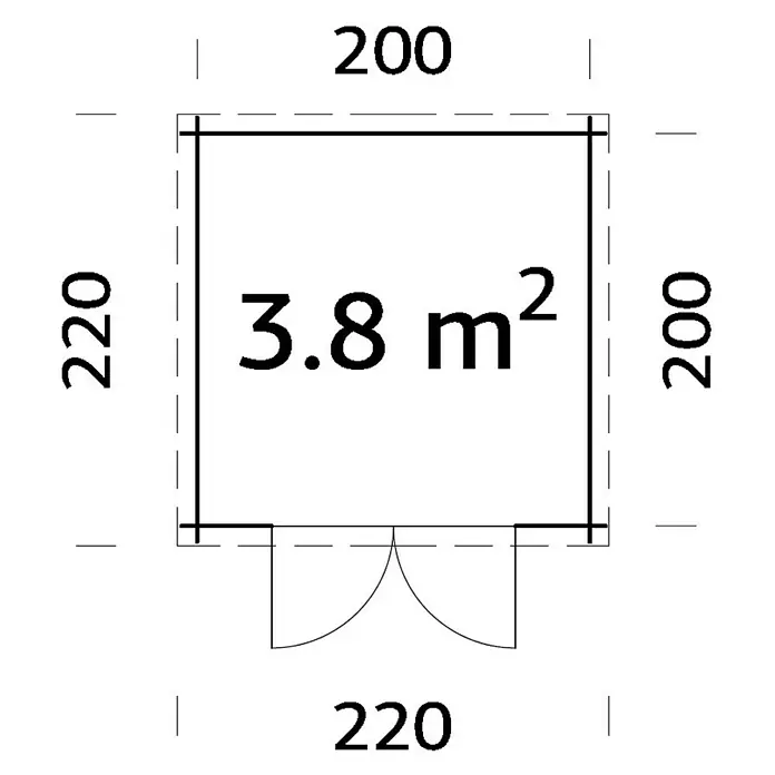 Palmako Gartenhaus Zoe - Außenmaß inkl. Dachüberstand (B x T): 220 x 220 cm, Holz, Braun - Grundriss eines Hauses mit den Maßen 220 x 200 cm und einer Fläche von 3,8 m², einschließlich Tür.