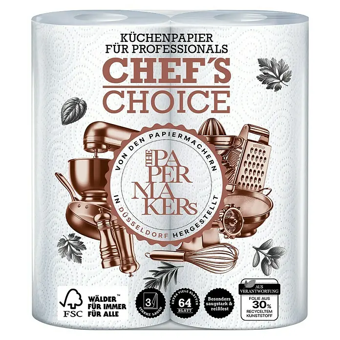Papierrolle Küchenrolle Chef's Choice - Anzahl Lagen: 3 Stk., Anzahl Blätter: 64 Stk. - Küchenpapier Chef's Choice für Profis: 3-lagig, extra saugstark und reißfest mit 64 Blatt. Aus verantwortungsvoller Forstwirtschaft.