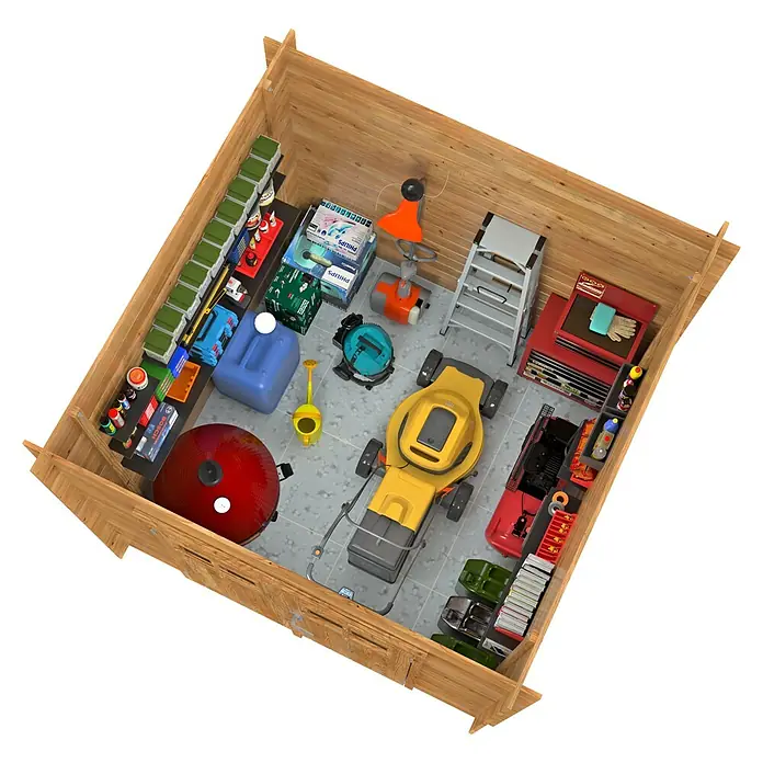 Palmako Gartenhaus Zoe - Außenmaß inkl. Dachüberstand (B x T): 220 x 220 cm, Holz, Braun - Innenansicht eines Holzschuppens, der mit Gartengeräten wie einem Rasenmäher, Werkzeugen und Zubehör gefüllt ist.