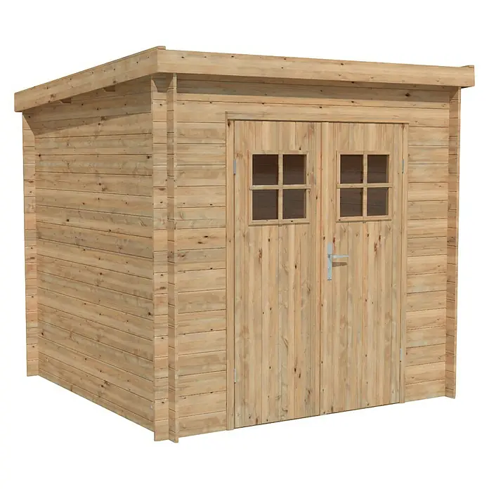 Palmako Gartenhaus Zoe - Außenmaß inkl. Dachüberstand (B x T): 220 x 220 cm, Holz, Braun - Holzgartenhaus mit Doppeltüren und kleinen Fenstern oben. Praktisch für Gartengeräte und Zubehör, bietet Schutz vor Wind und Wetter.