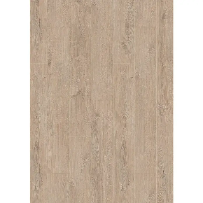 LOGOCLIC Vinto Laminat - Eiche Venetia, Landhausdiele, 1.288 x 195 x 8 mm - Nahaufnahme eines Laminatbodens mit einer hellen Holzoptik. Die Maserung ist deutlich und verleiht dem Boden ein natürliches Aussehen.