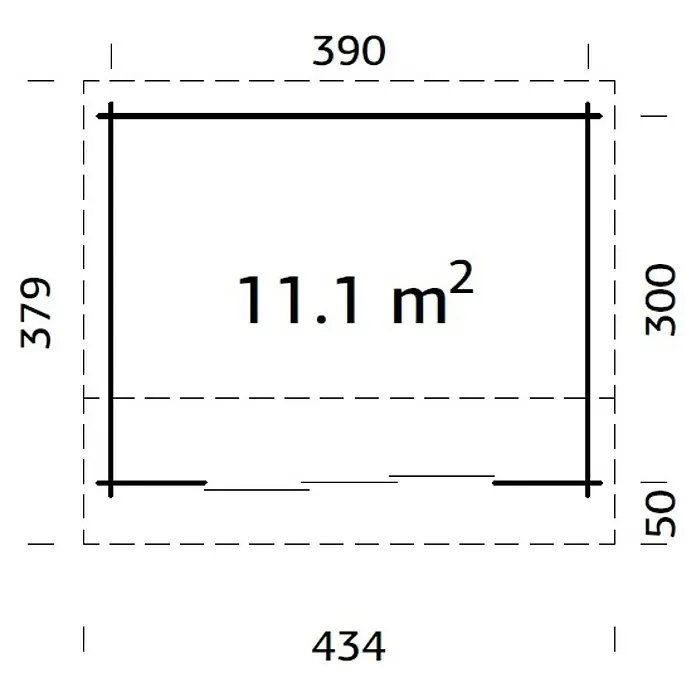 Palmako Gartenhaus Ines Slide Plus - Außenmaß inkl. Dachüberstand (B x T): 434 x 379 cm, Unbehandeltes Holz, Natur - Grundriss eines Hauses mit Abmessungen und einer Fläche von 11,1 m², ideal für kleine Räume oder als Anbau.