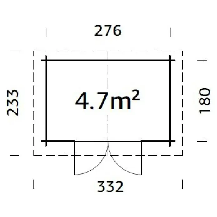 Palmako Gartenhaus - Außenmaß inkl. Dachüberstand (B x T): 332 x 233 cm, Holz, Natur - Draufsicht eines Gartenhauses mit den Maßen 276 x 233 cm, einer Fläche von 4,7 m² und einer Türbreite von 332 cm.