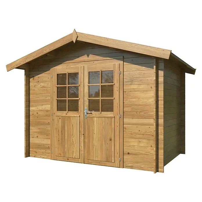 Palmako Gartenhaus - Außenmaß inkl. Dachüberstand (B x T): 332 x 233 cm, Holz, Natur - Holzgartenhaus mit Doppeltür und Fenstern. Das Gartenhaus ist aus hellem Holz gefertigt und bietet Stauraum.