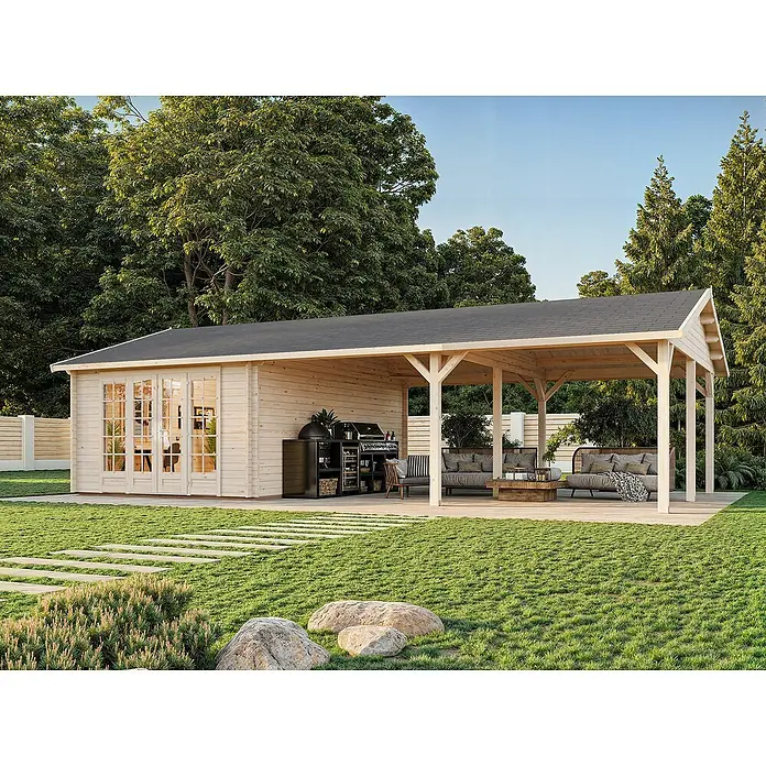 Palmako Gartenhaus Irene - Außenmaß inkl. Dachüberstand (B x T): 1.006 x 619 cm, Tauchgrundiertes Holz, Hellbraun - Holzgartenhaus mit überdachter Terrasse, Grillplatz und Sitzbereich. Das Haus ist aus hellem Holz gefertigt und bietet einen gemütlichen Außenbereich.