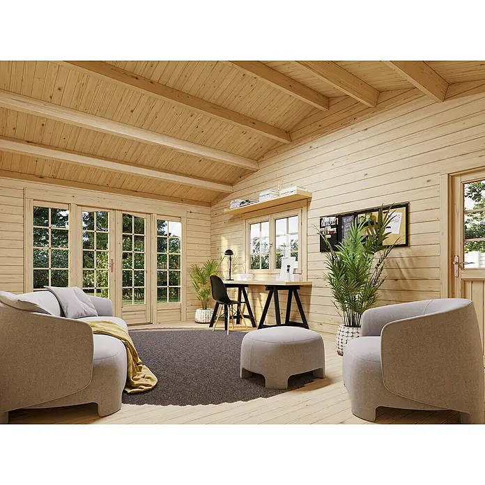 Palmako Gartenhaus Irene - Außenmaß inkl. Dachüberstand (B x T): 1.006 x 619 cm, Tauchgrundiertes Holz, Grau - Gemütliches Holzzimmer mit Sesseln, Teppich und Schreibtisch. Helle Holzvertäfelung an Wänden und Decke schafft eine warme, einladende Atmosphäre.