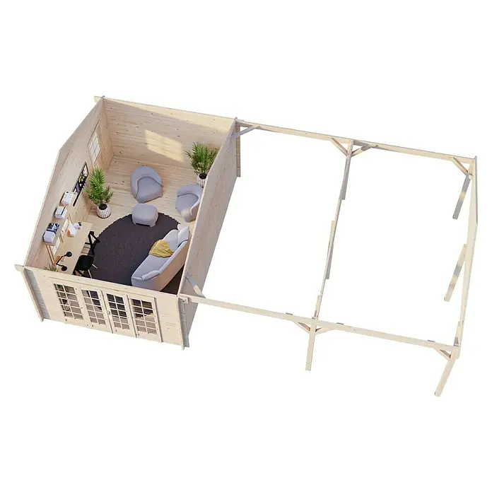 Palmako Gartenhaus Irene - Außenmaß inkl. Dachüberstand (B x T): 1.006 x 619 cm, Tauchgrundiertes Holz, Grau - Ein 3D-Rendering eines Holzhauses mit Einrichtung, das ein gemütliches Wohnzimmer und ein unfertiges Obergeschoss zeigt.