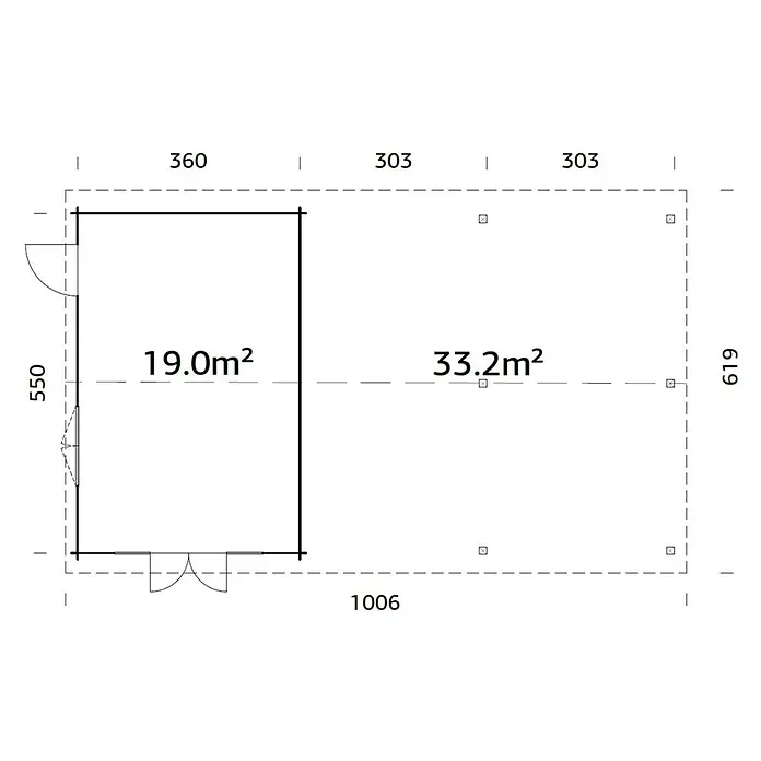 Palmako Gartenhaus Irene - Außenmaß inkl. Dachüberstand (B x T): 1.006 x 619 cm, Tauchgrundiertes Holz, Grau - Grundriss eines Gartenhauses mit den Maßen 1006x619 cm, aufgeteilt in zwei Bereiche mit 19,0 m² und 33,2 m² Fläche.
