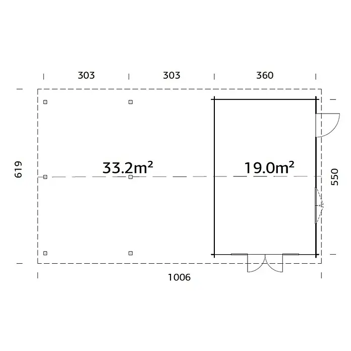 Palmako Gartenhaus Irene - Außenmaß inkl. Dachüberstand (B x T): 1.006 x 619 cm, Tauchgrundiertes Holz, Grau - Grundrisszeichnung eines Hauses mit einer Gesamtfläche von 52,2 m², aufgeteilt in 33,2 m² und 19,0 m².