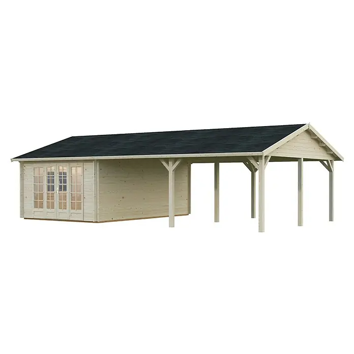 Palmako Gartenhaus Irene - Außenmaß inkl. Dachüberstand (B x T): 1.006 x 619 cm, Tauchgrundiertes Holz, Grau - Abbildung eines Gartenhauses aus Holz mit überdachtem Eingangsbereich und dunklem Dach.