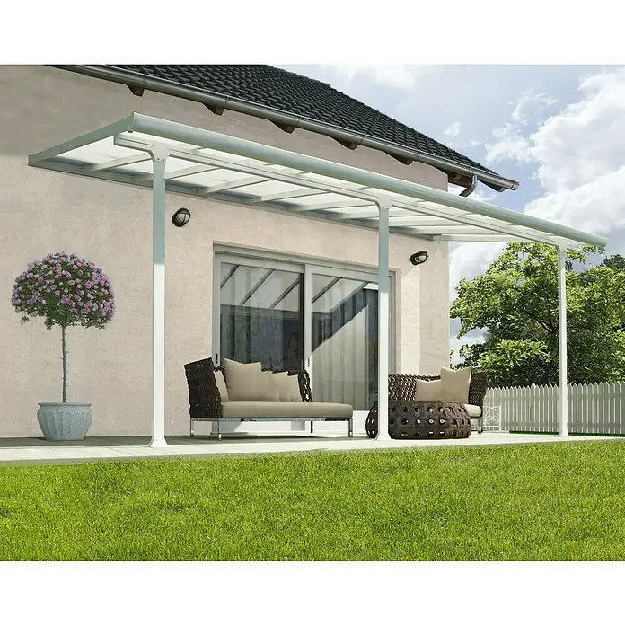 Terrassenüberdachung Tuscany LED - B x T: 546 x 300 cm, Verkehrsweiß, Polycarbonat, Transparent - Terrasse mit Polycarbonat-Überdachung, die vor Sonne und Regen schützt und einen gemütlichen Aussenbereich schafft.