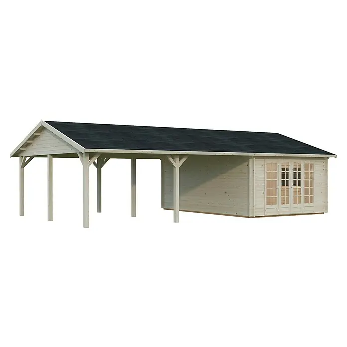 Palmako Gartenhaus Irene - Außenmaß inkl. Dachüberstand (B x T): 1.006 x 619 cm, Tauchgrundiertes Holz, Grau - Helles Holzgebäude mit Carport und dunklem Dach, ideal als Gartenhaus oder zur Lagerung. Die Doppelglastüren bieten einen guten Lichteinfall.