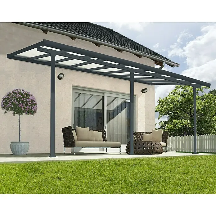 Terrassenüberdachung Tuscany LED - B x T: 425 x 300 cm, Anthrazitgrau, Polycarbonat, Transparent - Eine moderne Terrassenüberdachung mit klarem Dach und grauem Rahmen bietet Schatten und Schutz im Außenbereich.
