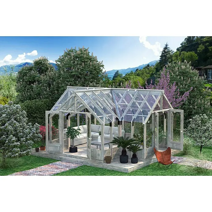 Palmako Invernadero Emilia XL - Medidas ext. (An x Pr): 421 x 543 cm, Madera, 18 mm, Gris - Un invernadero espacioso con una zona de estar en el jardín con plantas.