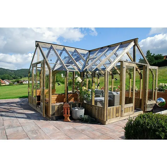 Palmako Invernadero Emilia XL - Medidas ext. (An x Pr): 421 x 543 cm, Madera, 18 mm, Gris - La espaciosa estructura de madera Villa Garden Greenhouse con paneles de vidrio ofrece un espacio luminoso para plantas y relajación al aire libre.