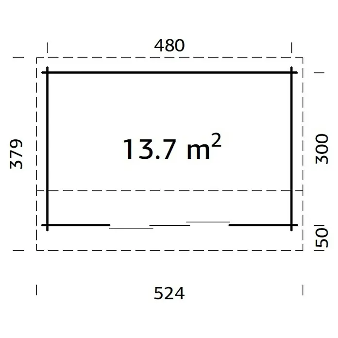 Palmako Gartenhaus Ines Plus - Außenmaß inkl. Dachüberstand (B x T): 524 x 379 cm, Unbehandeltes Holz, Natur - Grundrisszeichnung eines Gebäudes mit Maßangaben. Die Fläche beträgt 13,7 m². Dargestellt sind Außenmaße und Wandstärken.