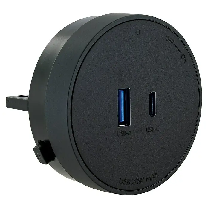 Schwaiger USB-Steckdose Adapter USB-A, USB-C - 6,2 cm, Schwarz - Das Bild zeigt eine schwarze, runde USB-Ladestation mit USB-A- und USB-C-Anschlüssen sowie einem Drehknopf zum Ein- und Ausschalten.