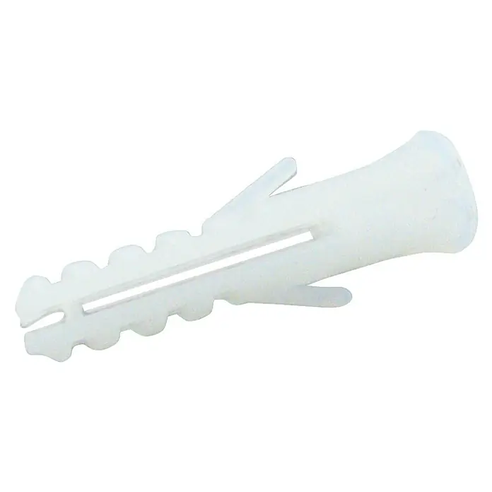Schwaiger Steckdosenleiste Modulare Stromschiene - 50 cm, Weiß, IP20, Ohne Schalter - Nahaufnahme eines weißen Nylondübels, der zum sicheren Befestigen von Schrauben in Wänden verwendet wird. Ein unverzichtbares Werkzeug für Heimwerker.
