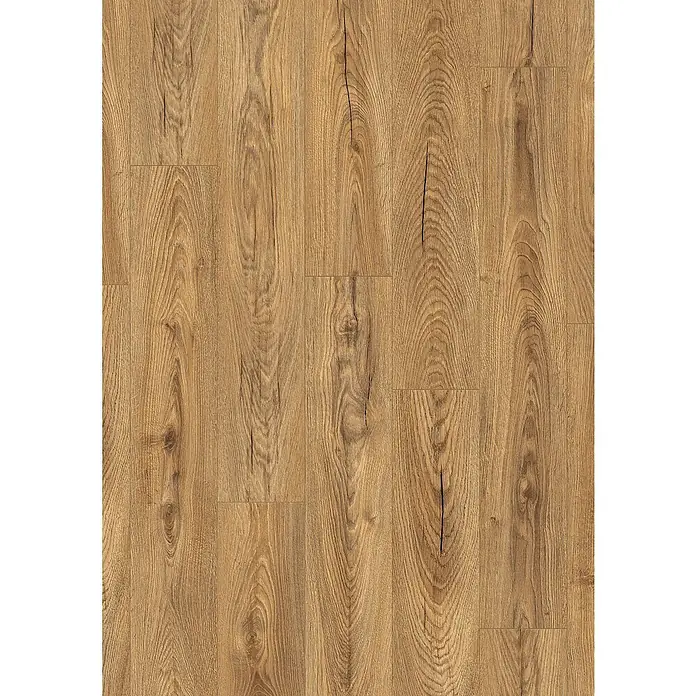 LOGOCLIC Vinto Laminat - Eiche Kronos, Landhausdiele, 1.288 x 195 x 10 mm - Nahaufnahme eines Bodenbelags in Holzoptik. Das Muster ahmt Maserung und Textur von hellem, rustikalem Holz mit feinen Rissen und Astlöchern nach.