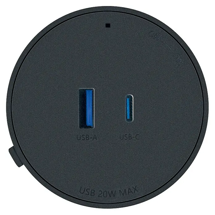 Schwaiger USB-Steckdose Adapter USB-A, USB-C - 6,2 cm, Schwarz - Draufsicht auf einen runden USB-Hub mit USB-A- und USB-C-Anschlüssen, der bis zu 20 W liefert und einen Drehschalter zum Ein- und Ausschalten hat.