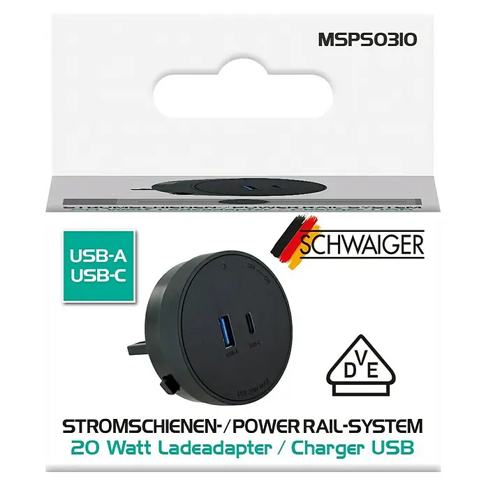 Schwaiger USB-Steckdose Adapter USB-A, USB-C - 6,2 cm, Schwarz - Nahaufnahme des SCHWAIGER Stromschienen- / Power Rail-Systems mit 20-Watt-USB-Ladegerät.