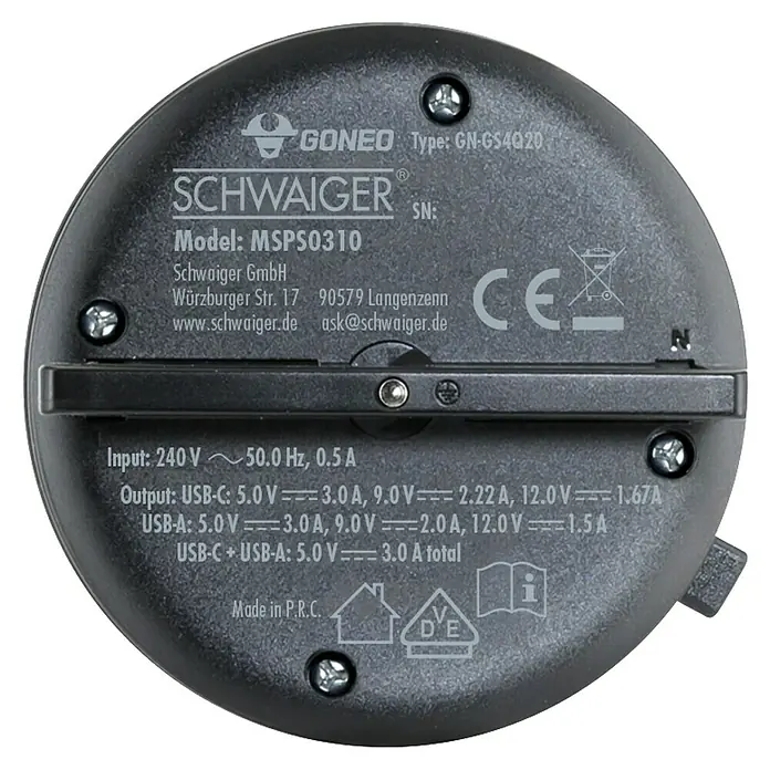 Schwaiger USB-Steckdose Adapter USB-A, USB-C - 6,2 cm, Schwarz - Nahaufnahme eines SCHWAIGER MSPS0310 Ladegeräts mit Details zu Input, Output und Zertifizierungen.
