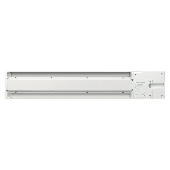 Schwaiger Steckdosenleiste Modulare Stromschiene - 50 cm, Weiß, IP20, Ohne Schalter - Nahaufnahme der Unterseite einer SCHWAIGER GB-GS40 LED-Leuchte mit Typenschild und CE-Kennzeichnung.