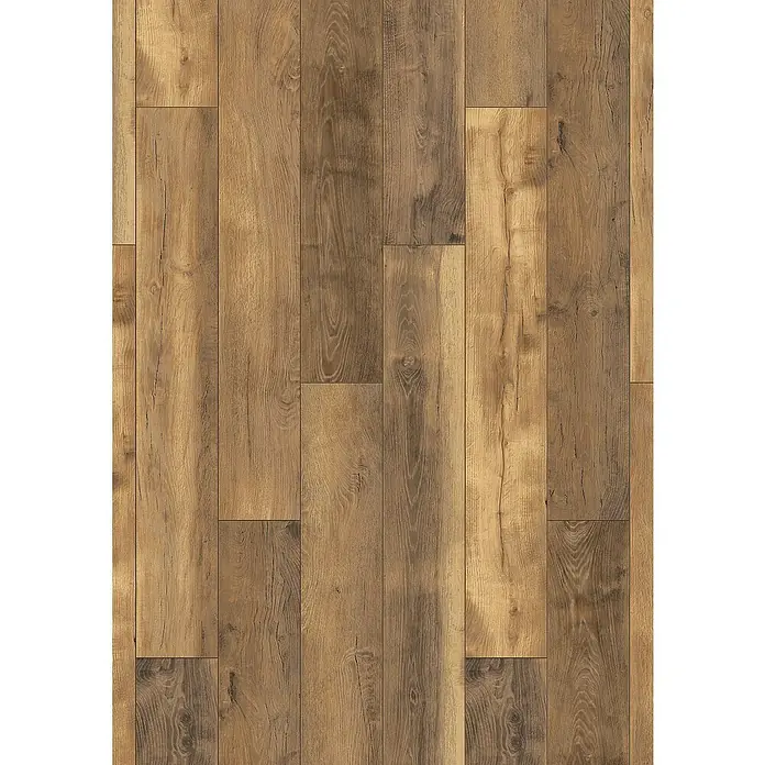 LOGOCLIC Vinto Laminat - Eiche Toledo, Landhausdiele, 1.288 x 195 x 10 mm - Nahaufnahme von Holzbodenbelägen mit Maserung in Braun- und Beigetönen, ideal für stilvolle Innenräume.