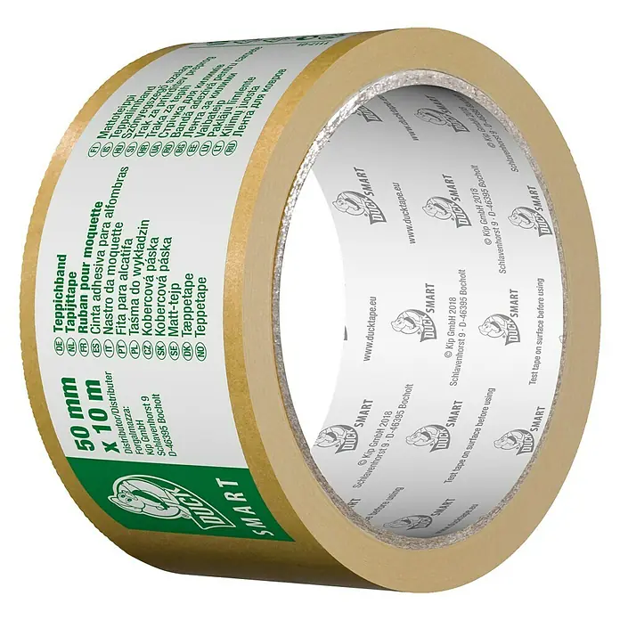 Duck Smart Verlegeband Teppichband - 10 m x 50 mm, Beidseitig selbstklebend, Geeignet für: Teppiche - Bild einer Rolle Duck Smart Teppichband, 50 mm x 10 m, mit verschiedenen Sprachübersetzungen und Firmeninformationen.