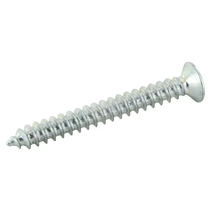 Schwaiger Steckdosenleiste Modulare Stromschiene - 50 cm, Weiß, IP20, Ohne Schalter - Nahaufnahme einer silberfarbenen Holzschraube mit gut sichtbarem Gewinde und Senkkopf auf schwarzem Hintergrund.