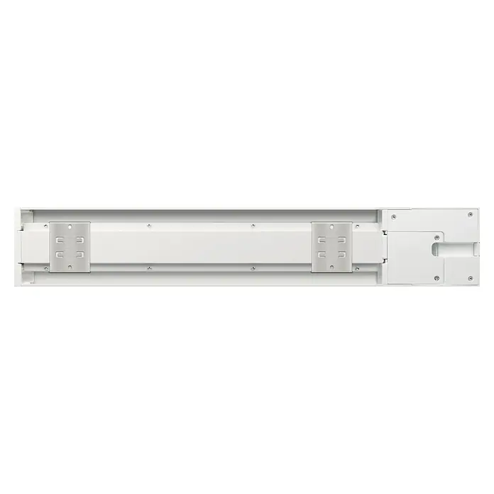 Schwaiger Steckdosenleiste Modulare Stromschiene - 50 cm, Weiß, IP20, Ohne Schalter - Ansicht einer weißen Untertisch-Kabelführung. Das Produkt ist kompakt und ermöglicht eine saubere Kabelführung unter dem Tisch.