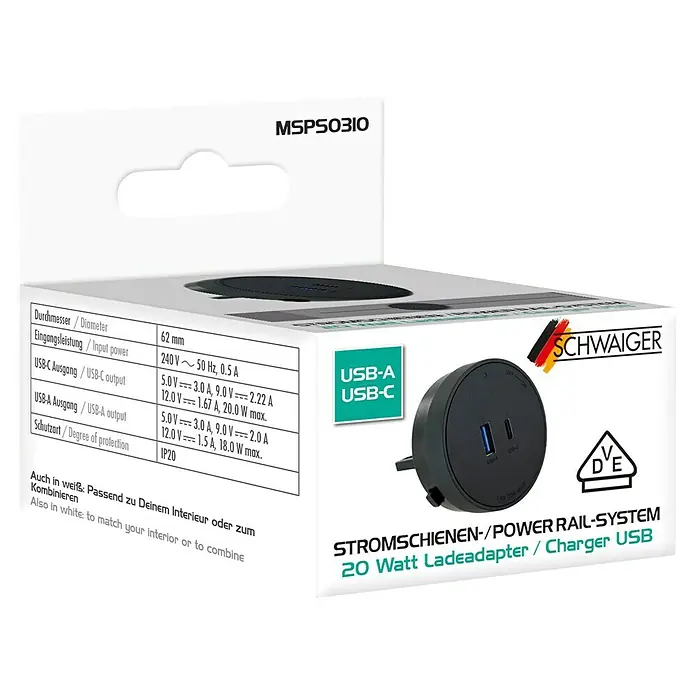 Schwaiger USB-Steckdose Adapter USB-A, USB-C - 6,2 cm, Schwarz - Abbildung eines weißen Kartons mit dem MSP0310 20-Watt-Ladegerät von SCHWAIGER, das USB-A- und USB-C-Anschlüsse unterstützt.