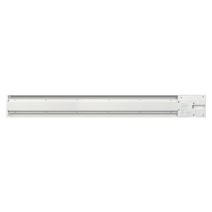 Schwaiger Steckdosenleiste Modulare Stromschiene - 75 cm, Weiß, IP20, Ohne Schalter - Ansicht einer weißen Heizkörperabdeckung mit horizontalen Lamellen und Befestigungselementen für eine stilvolle Heizungslösung.