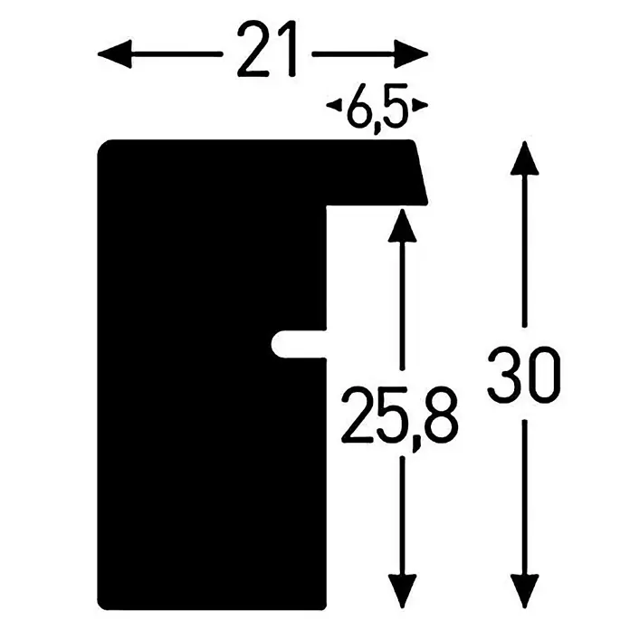 Nielsen Holzrahmen Apollo - DIN A4 / 21 x 29,7 cm, Schwarz - Schematische Darstellung eines Profils mit den Maßen 21 mm Breite, 6,5 mm Tiefe und 30 mm Höhe, mit einer Aussparung von 25,8 mm.