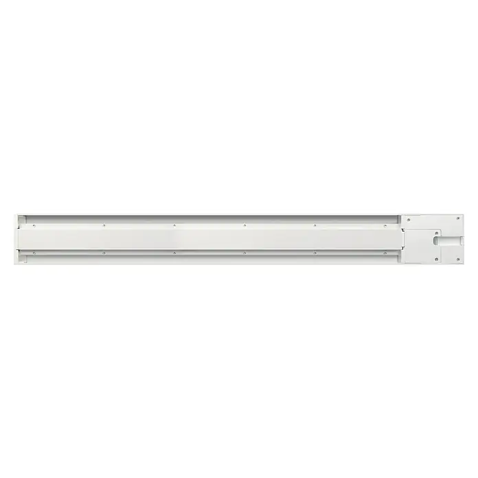 Schwaiger Steckdosenleiste Modulare Stromschiene - 75 cm, Weiß, IP20, Ohne Schalter - Detailaufnahme einer weißen Leuchte mit Schrauben, die eine klare und minimalistische Ästhetik betont. Ideal für moderne Innenräume.