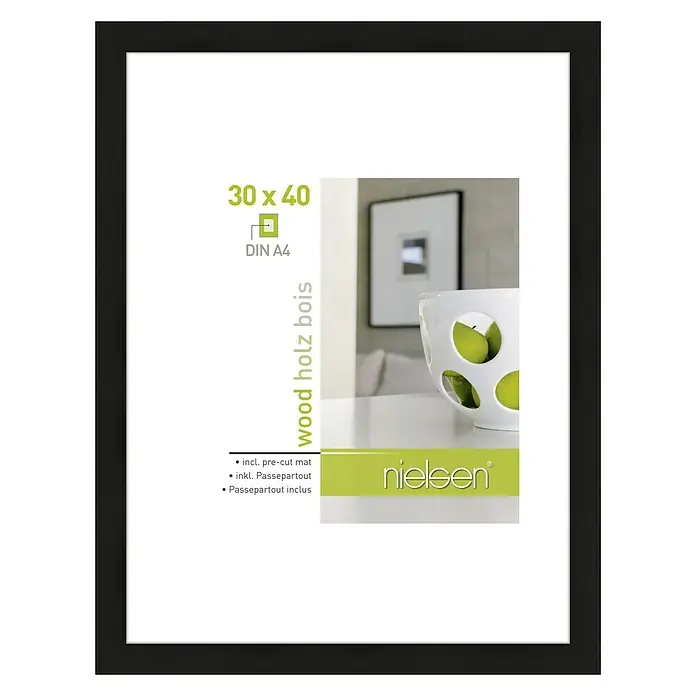 Nielsen Holzrahmen Apollo - 30 x 40 cm, Schwarz - Schwarzer Nielsen Holzbilderrahmen für Fotos im Format 30x40 cm, inklusive Passepartout für DIN A4, ideal zum stilvollen Präsentieren von Bildern.