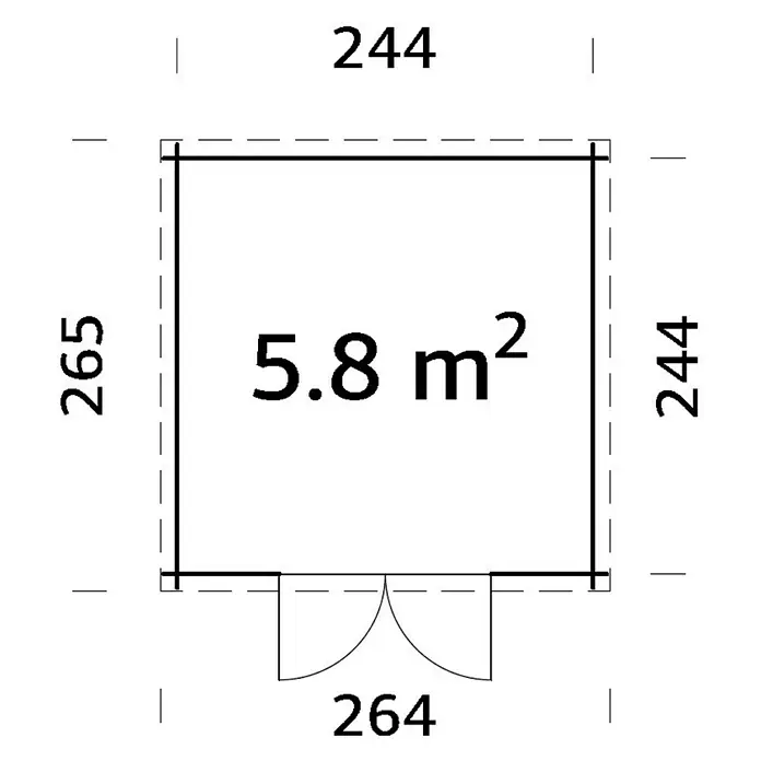 Palmako Gartenhaus Zoe - Außenmaß inkl. Dachüberstand (B x T): 264 x 265 cm, Holz, Braun - Bild eines Bauplans eines kleinen Hauses mit den Maßen 244 x 265 cm und einer Fläche von 5,8 m².