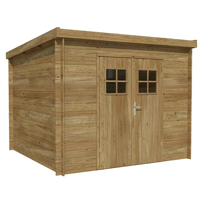 Palmako Gartenhaus Zoe - Außenmaß inkl. Dachüberstand (B x T): 264 x 265 cm, Holz, Braun - Abbildung eines modernen Holzschuppens mit Doppeltür und kleinen Fenstern.