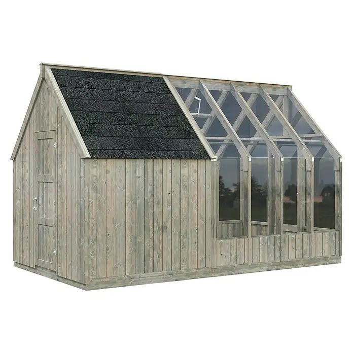 Palmako Caseta de jardín Emilia - Medidas ext. (An x Pr): 240 x 187 cm, Madera, Gris - Caseta de jardín versátil con extensión de invernadero, ideal para jardineros aficionados y para guardar herramientas de jardín.