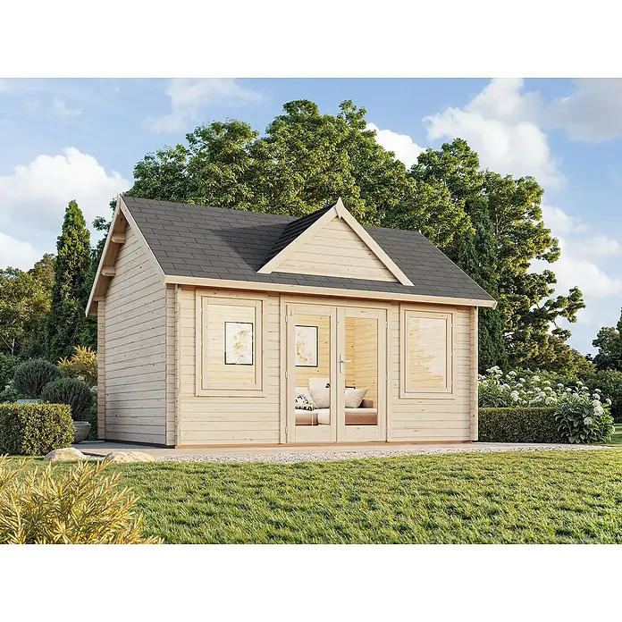 Palmako Gartenhaus Claudia - Außenmaß inkl. Dachüberstand (B x T): 494 x 376 cm, Tauchgrundiertes Holz, Natur - Dieses Bild zeigt ein modernes Blockhaus mit großen Fenstern und einer einladenden Atmosphäre. Ideal für Garten oder als Gästehaus.