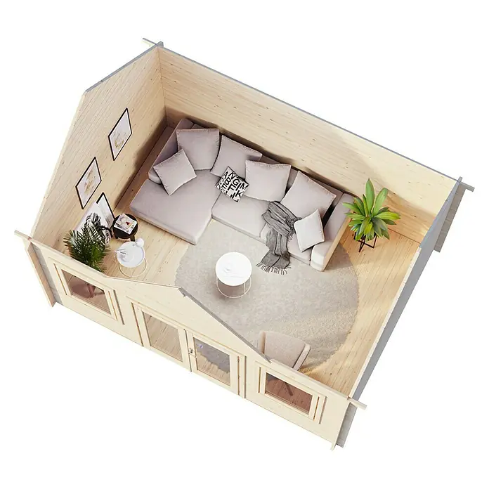 Palmako Gartenhaus Claudia - Außenmaß inkl. Dachüberstand (B x T): 494 x 376 cm, Tauchgrundiertes Holz, Grau - Luftaufnahme eines Holzgartenhauses mit hellen Möbeln und Pflanzen, das einladend und gemütlich wirkt.