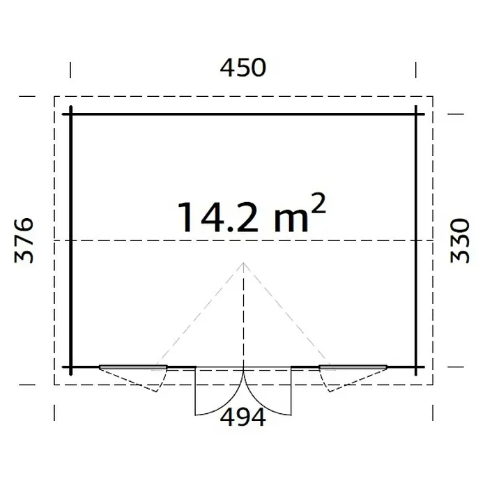 Palmako Gartenhaus Claudia - Außenmaß inkl. Dachüberstand (B x T): 494 x 376 cm, Unbehandeltes Holz, Natur - Grundrisszeichnung eines Gartenhauses mit Maßen 450 x 376 cm und einer Fläche von 14,2 m². Die Tür befindet sich in der Mitte der kürzeren Seite.