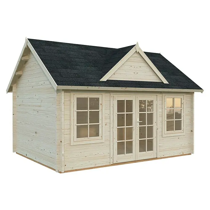 Palmako Gartenhaus Claudia - Außenmaß inkl. Dachüberstand (B x T): 494 x 376 cm, Tauchgrundiertes Holz, Grau - Ein charmantes Gartenhaus aus hellem Holz mit Fenstern, Doppeltüren und einem dunklen Giebeldach. Ideal für Ihren Garten als Lagerraum oder gemütlicher Rückzugsort.