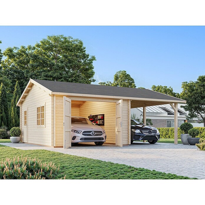 Palmako Garaje con carport Roger con puerta abatible (Medidas ext. (An x Pr): 703 cm x 619 m, Natural, Madera, 19 m², Incluye puerta de madera) | BAUHAUS