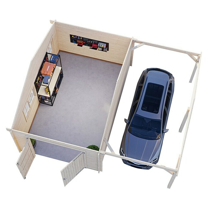Palmako Garaje con carport Roger con puerta abatible (Medidas ext. (An x Pr): 703 cm x 619 m, Natural, Madera, 19 m², Incluye puerta de madera) | BAUHAUS
