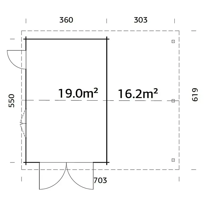 Palmako Garaje con carport Roger con puerta abatible - Medidas ext. (An x Pr): 703 cm x 619 m, Natural, Madera, 19 m², Incluye puerta de madera - Plano de planta de una caseta de jardín de 360 x 550 cm y 303 x 619 cm, con especificaciones de área de 19,0m² y 16,2m².